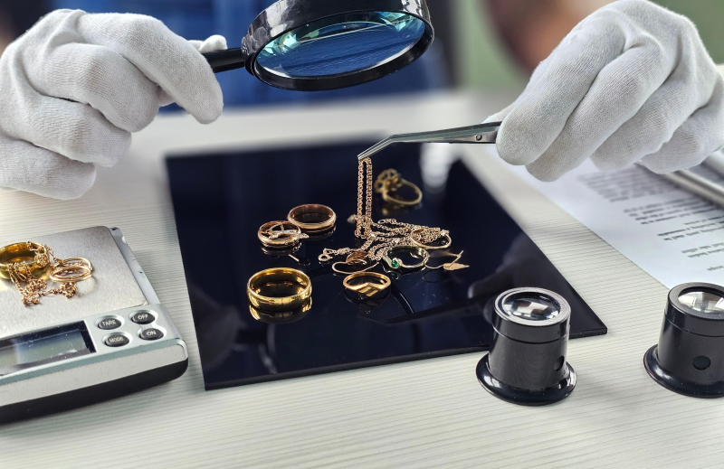A jeweller carefully evaluating gold jewellery for purity and value